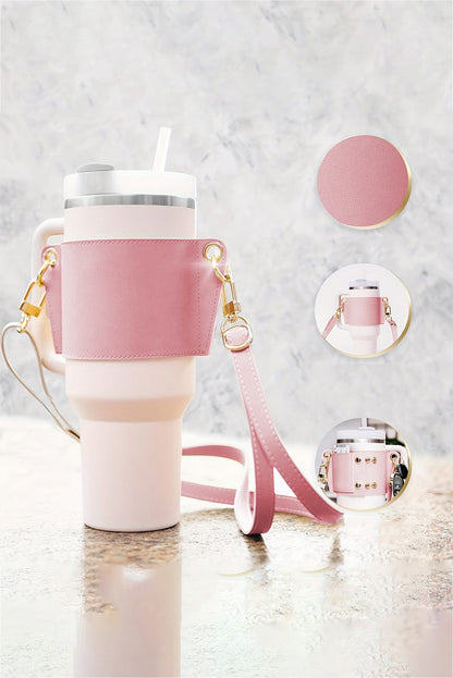 Pink Leather Drink Carrier with Adjustable Straps and Buttoned Closure