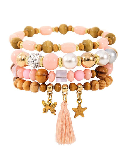 Pink Butterfly and Star Charm Tassel Beaded Bracelet Set - 4 Pieces
