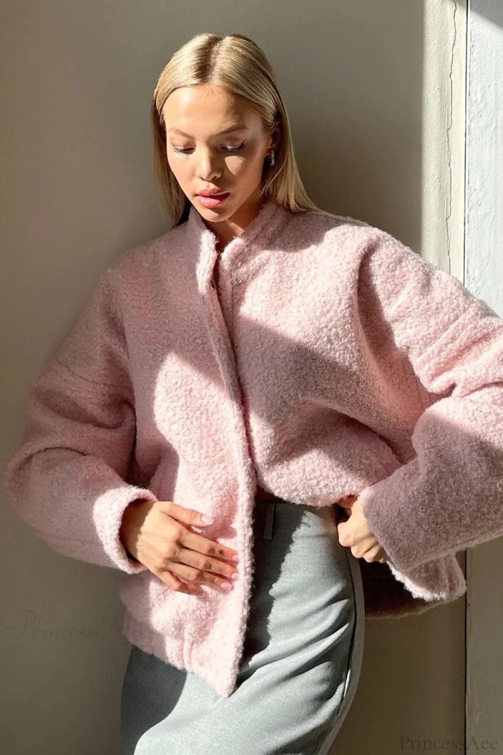 Pink Casual Stand Collar Fleece Jacket