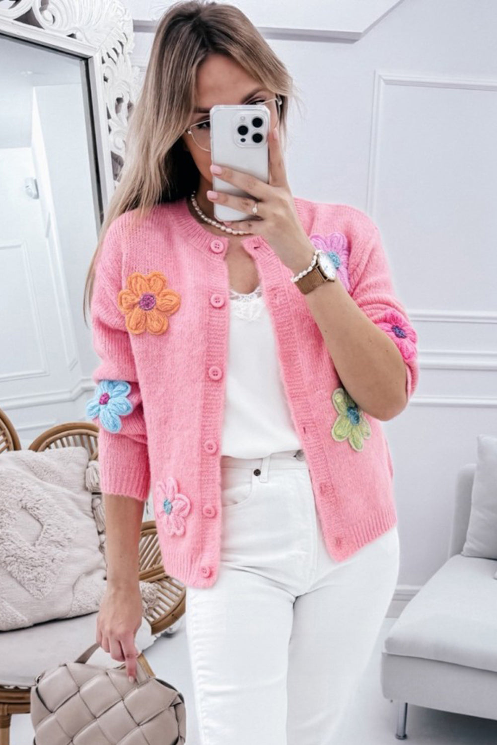 Cárdigan de punto con bordado floral y botones para mujer | Ideal para otoño/invierno