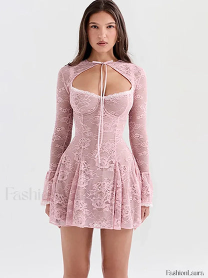 Pink Floral Flare-Sleeve Mini Dress