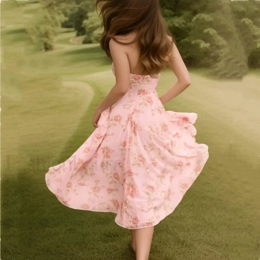 Pink Halter Pleated Floral Dress