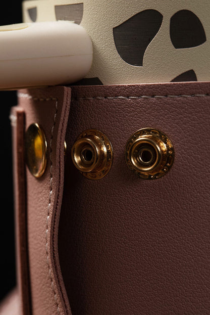 Pink Leather Drink Carrier with Adjustable Straps and Buttoned Closure