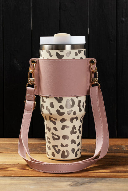 Pink Leather Drink Carrier with Adjustable Straps and Buttoned Closure