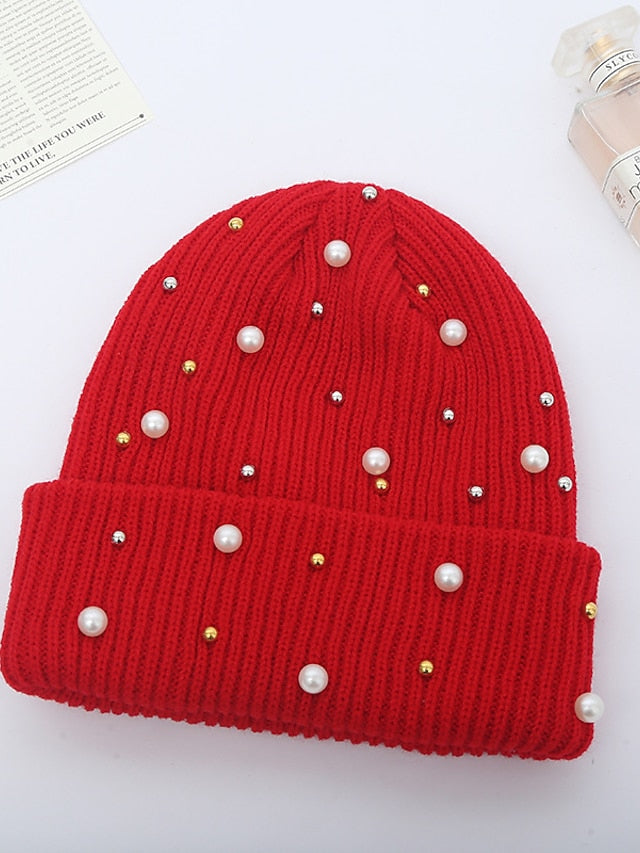 Hat Beanie / Slouchy Black Blue Pink Outdoor Street Dailywear Beaded Knit Pure Color Comfort Warm Breathable for Women