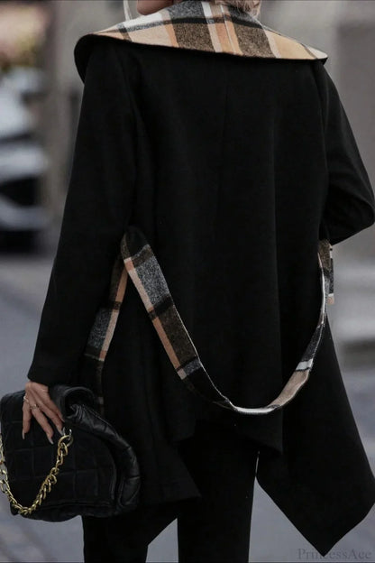 Plaid Color Block Tie Waist Wool Blend Coat