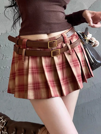 Plaid Double Waistband Pleated Skirt