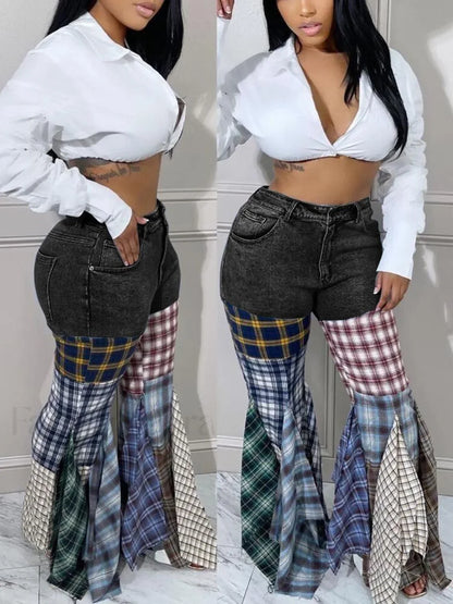 Plaid Patchwork Denim Jeans