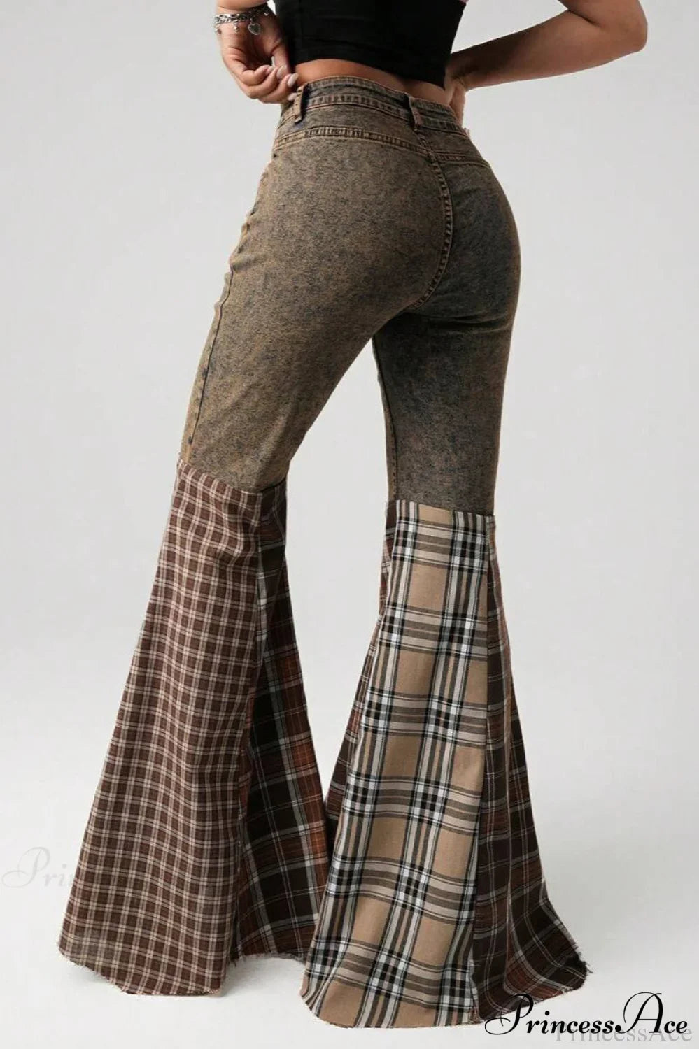 Plaid Patchwork Flared Denim High Waist Jeans