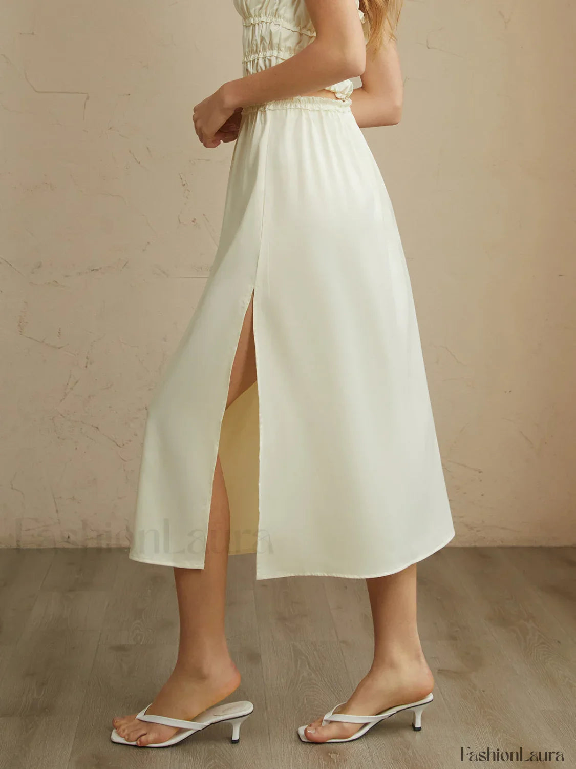Pleated Lettuce Trim Trendy Split Midi Skirt