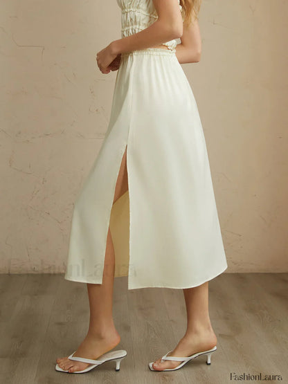 Pleated Lettuce Trim Trendy Split Midi Skirt