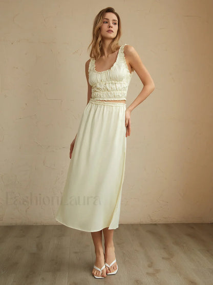 Pleated Lettuce Trim Trendy Split Midi Skirt