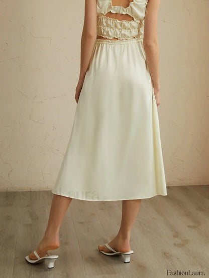 Pleated Lettuce Trim Trendy Split Midi Skirt