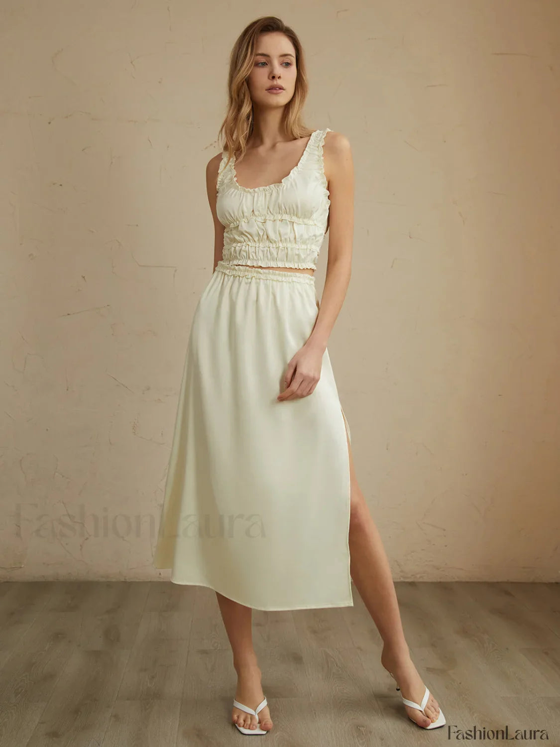 Pleated Lettuce Trim Trendy Split Midi Skirt