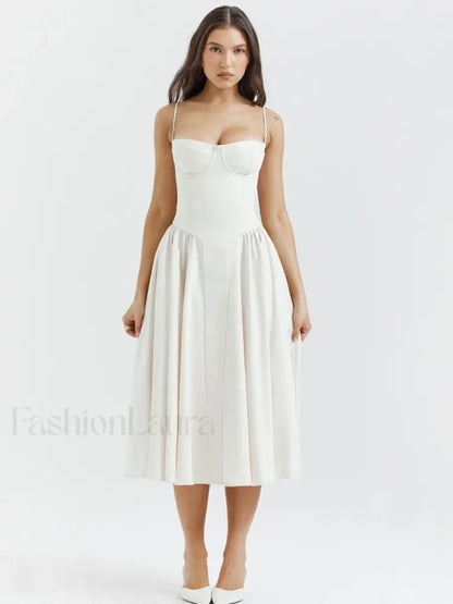 Pleated Spaghetti-Strap Midi Dress