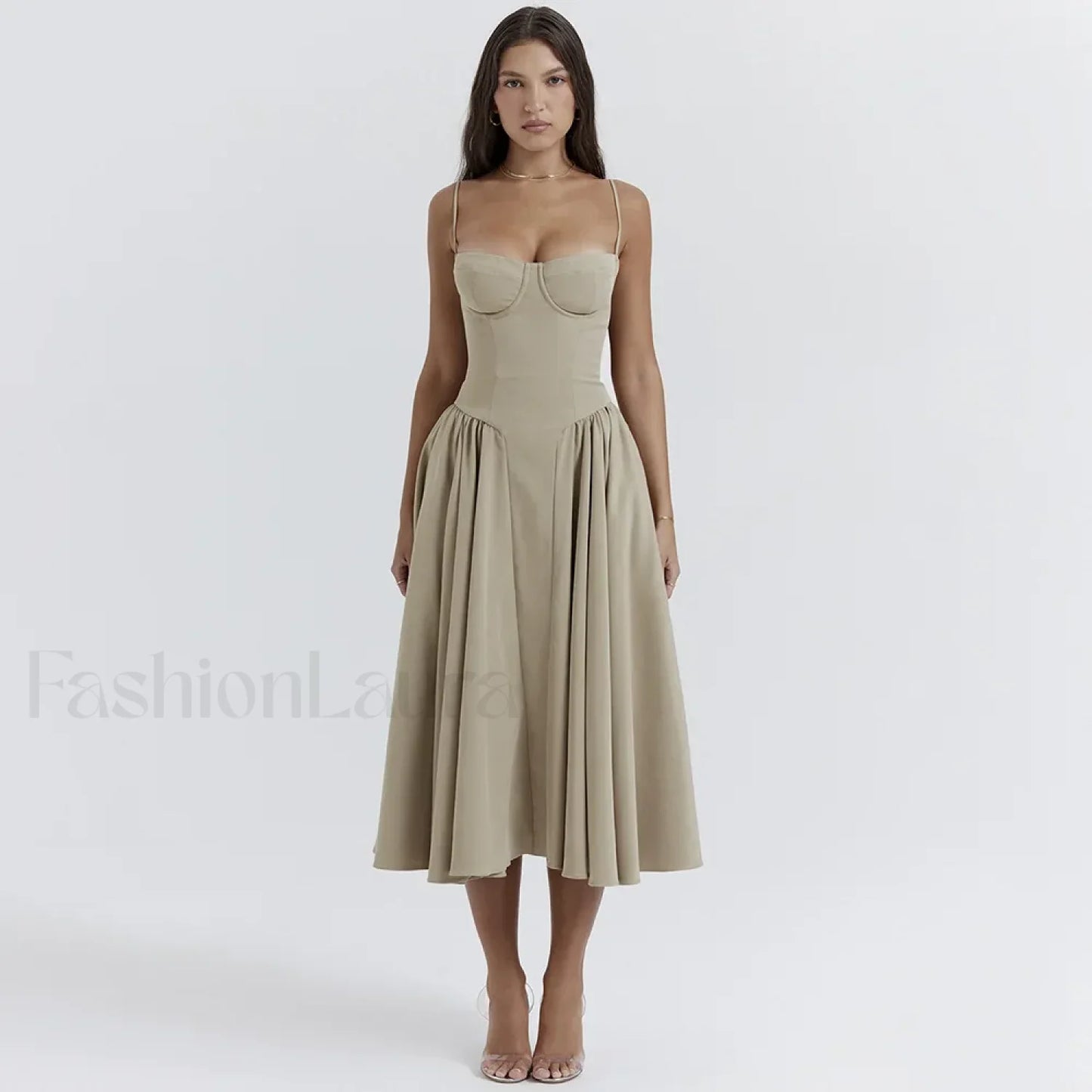 Pleated Spaghetti-Strap Midi Dress
