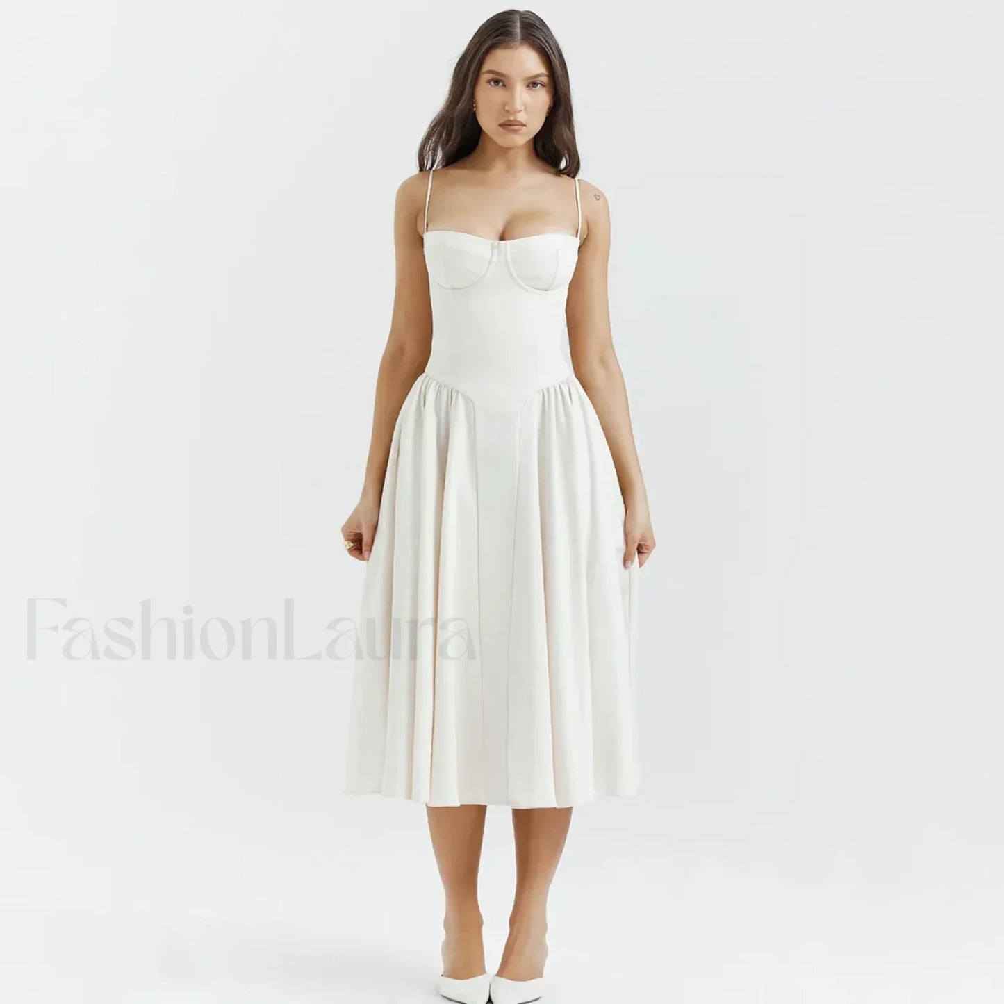 Pleated Spaghetti-Strap Midi Dress