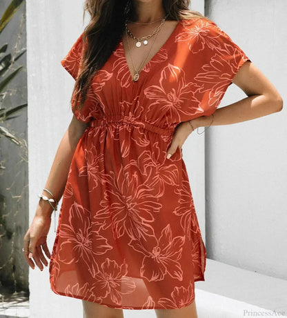 Plunge Neck Elastic Waist Bikini Cover Up