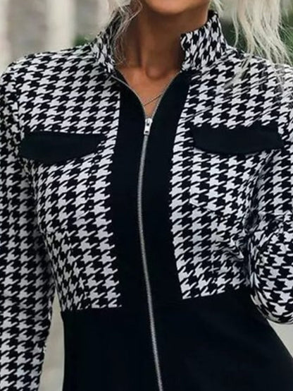 A Line Dress Church Dress Mini Dress Black Long Sleeve Print Zipper Winter Fall Autumn Stand Collar Stylish Winter Dress Weekend Fall Dress  S M L XL for Women