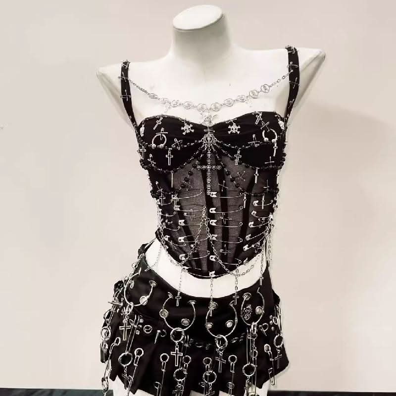 Metal chain cross applique beaded v neck cami top  | Festival Outfits Women