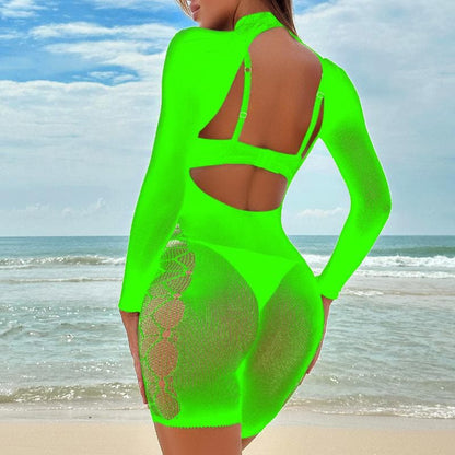 Long sleeve backless high neck net patchwork bodystocking  | Festival Outfits Women