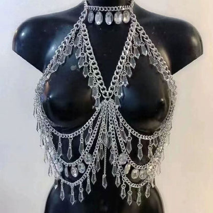 Crystal pendant metal chain hollow out cut out top  | Festival Outfits Women