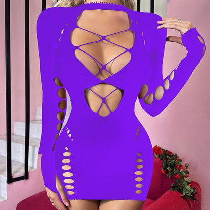 Long sleeve crewneck backless hollow out cut out mini dress  | Festival Outfits Women
