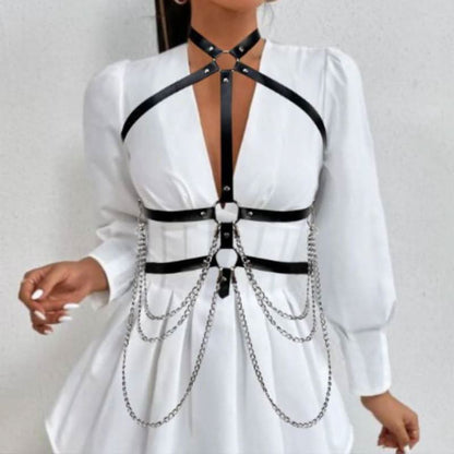 Halter metal chain o ring PU leather harness top  | Festival Outfits Women