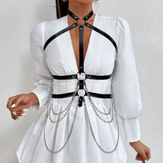 Halter metal chain o ring PU leather harness top  | Festival Outfits Women