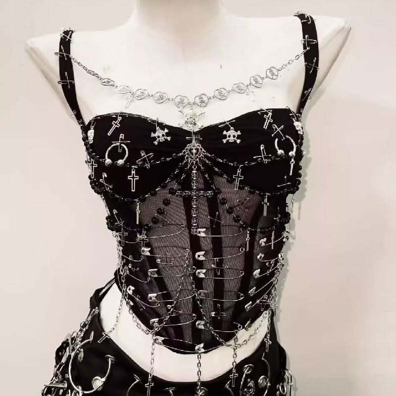 Metal chain cross applique beaded v neck cami top  | Festival Outfits Women