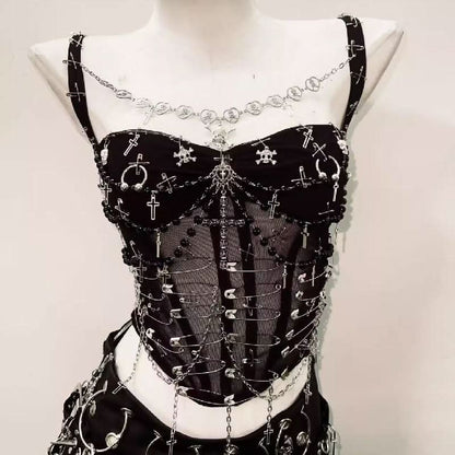 Metal chain cross applique beaded v neck cami top  | Festival Outfits Women