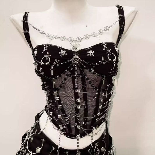 Metal chain cross applique beaded v neck cami top  | Festival Outfits Women