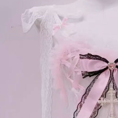 Bowknot lace hem padded v neck self tie mini skirt set  | Festival Outfits Women