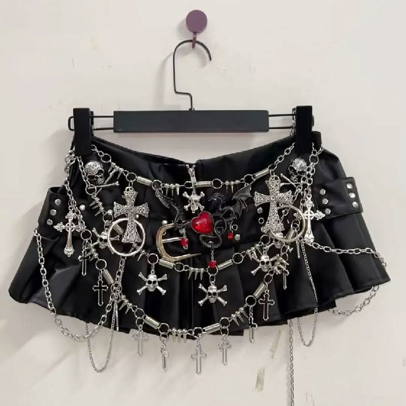 Cross applique pleated zip-up o ring mini skirt  | Festival Outfits Women