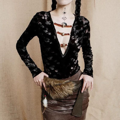 Long sleeve deep V neck beaded mesh bodysuit  | Festival Outfits Women