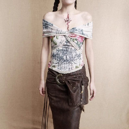 Off shoulder lace hem knotted flower print top  | Festival Outfits Women