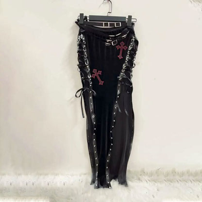 Lace up cross pattern contrast maxi skirt  | Festival Outfits Women