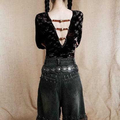 Long sleeve deep V neck beaded mesh bodysuit  | Festival Outfits Women