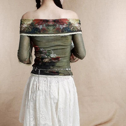Long flared sleeve off shoulder lace hem flower print top  | Festival Outfits Women
