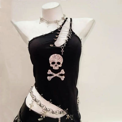 One shoulder beaded skull PU leather belt top  | Festival Outfits Women
