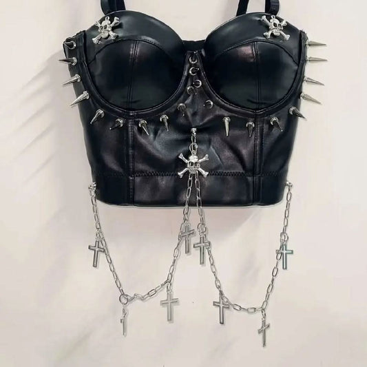 PU leather rivet skull metal chain cami top  | Festival Outfits Women