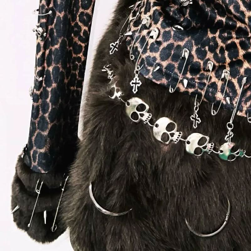 Leopard print long sleeve fluffy skull applique mini skirt set  | Festival Outfits Women  | Leopard Print Mini Dress