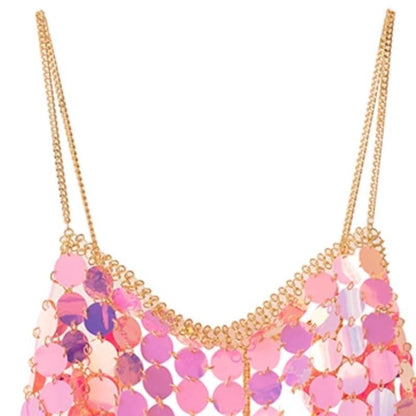 Metal chain glitter v neck hollow out cami cut out top  | Festival Outfits Women
