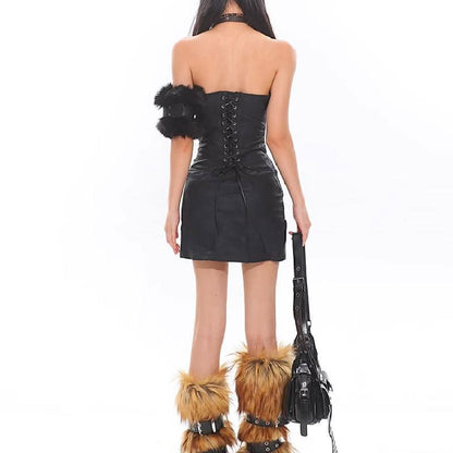 Ruffle slit PU leather lace up leopard print mini dress  | Festival Outfits Women  | Leopard Print Mini Dress