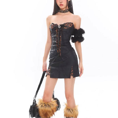 Ruffle slit PU leather lace up leopard print mini dress  | Festival Outfits Women  | Leopard Print Mini Dress