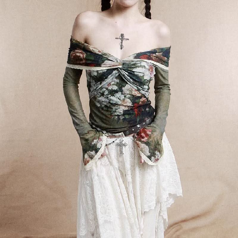 Long flared sleeve off shoulder lace hem flower print top  | Festival Outfits Women