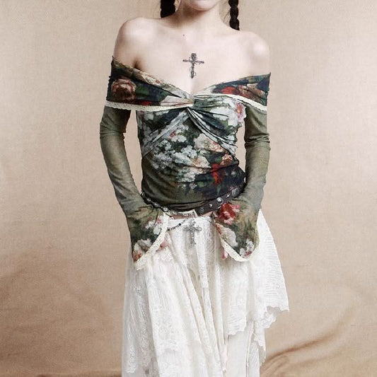Long flared sleeve off shoulder lace hem flower print top  | Festival Outfits Women