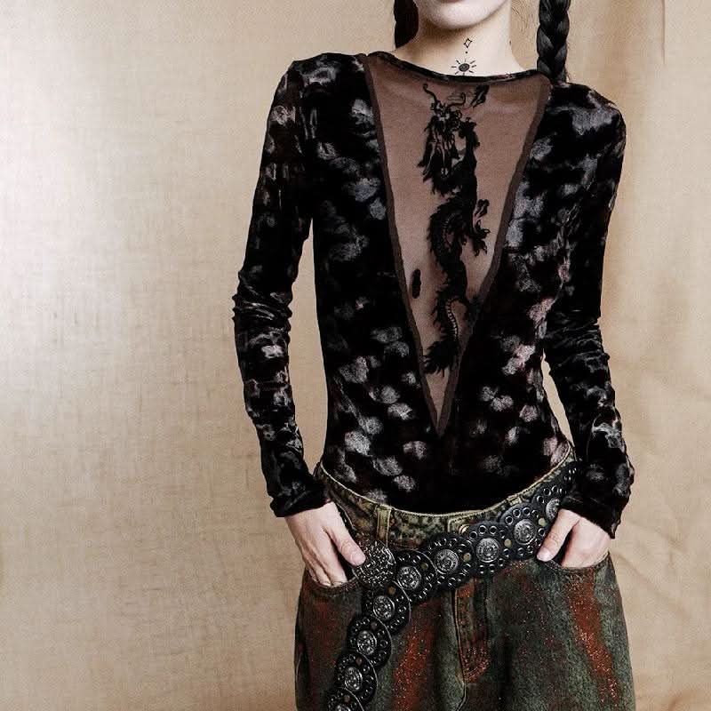 Long sleeve deep V neck beaded mesh bodysuit  | Festival Outfits Women