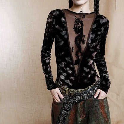 Long sleeve deep V neck beaded mesh bodysuit  | Festival Outfits Women