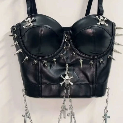 PU leather rivet skull metal chain cami top  | Festival Outfits Women